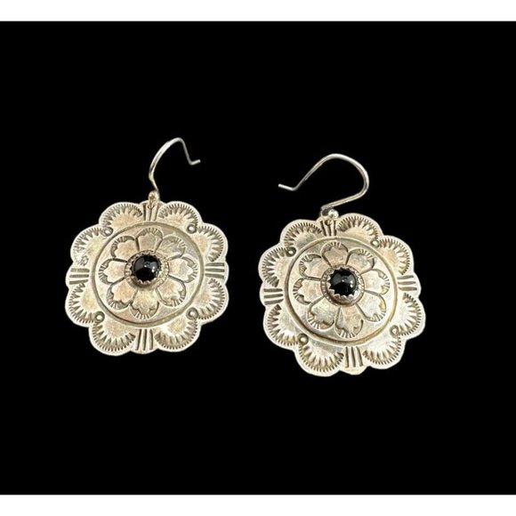 Navajo Etched Sterling Silver And Black Onyx Dangle Earrings Native American - Picture 7 of 7